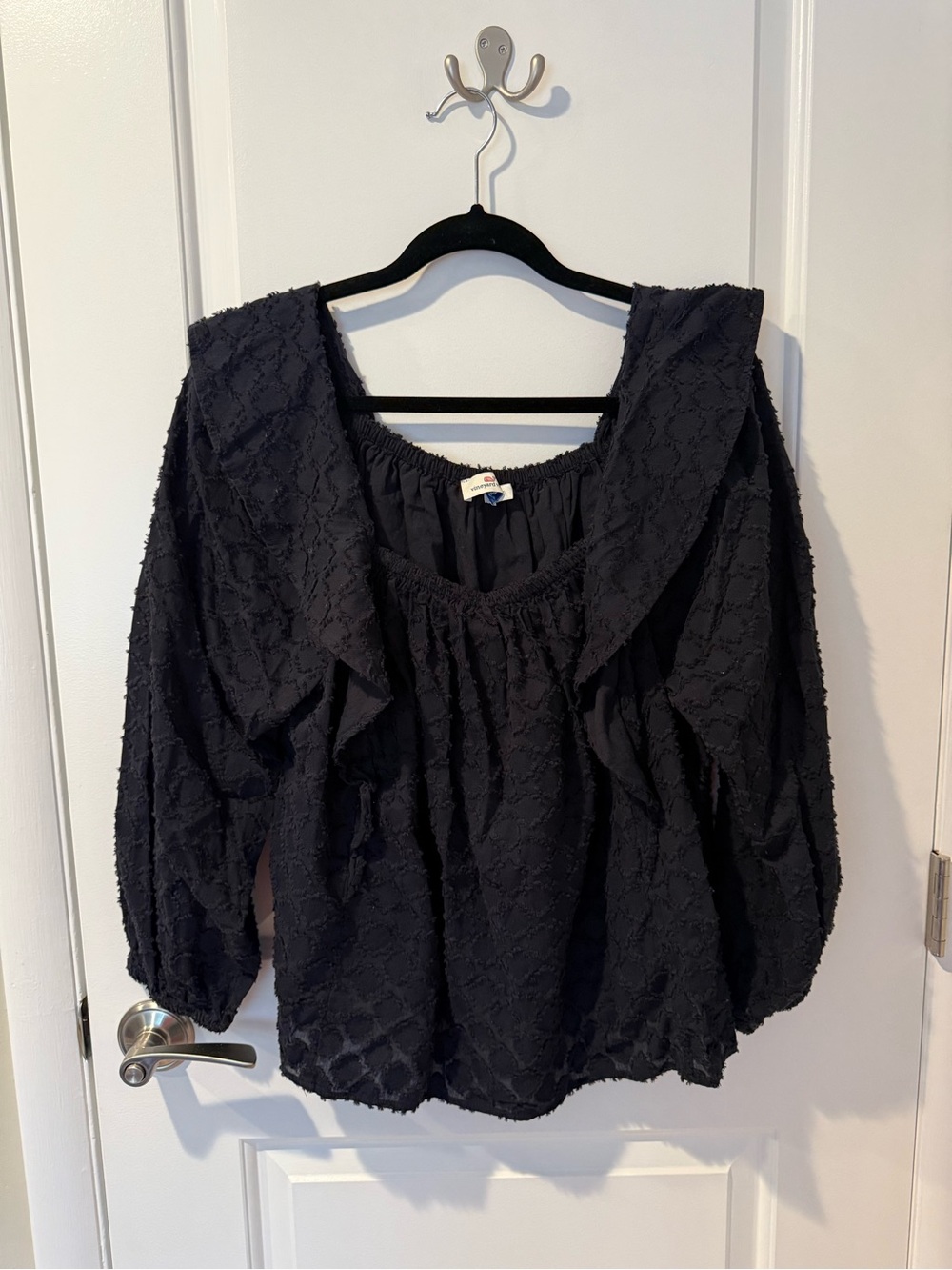 Vineyard Vines Black Textured Ruffle Peasant Blouse